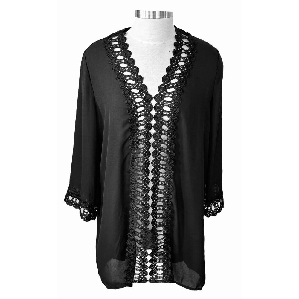 Miyang Women XL Regal Black Crochet Lace Tunic Top Blouse 3/4 Sleeve Pull Over